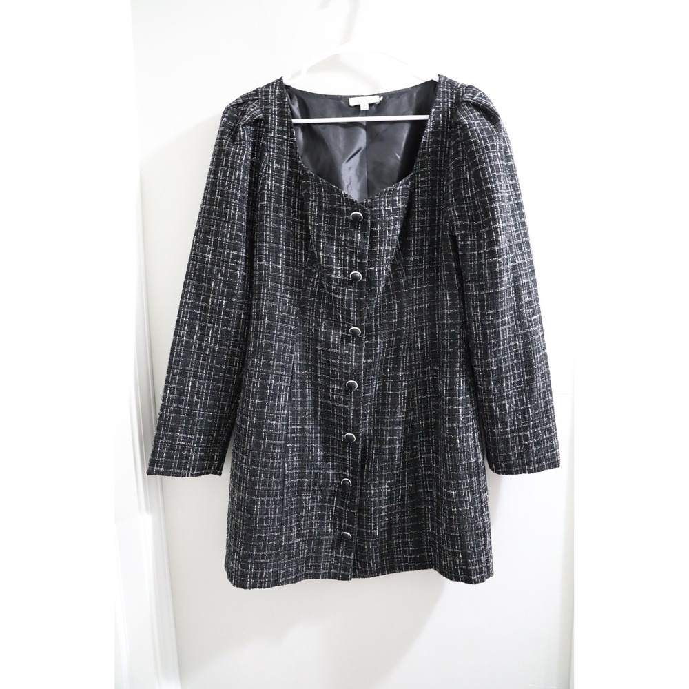 Mila Mae Black White Tweed Square‎ Neck Button Front Dress Size M